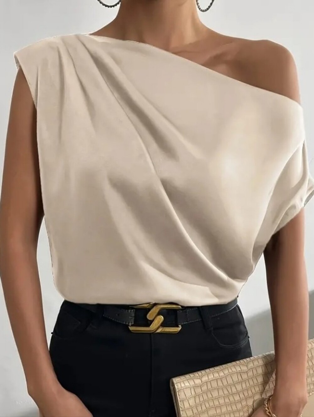 One-Shoulder Cream Draped Satin Blouse